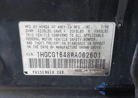 1998 Honda Accord Lx V6 из США, поврежденный, VIN 1HGCG1648WA062601